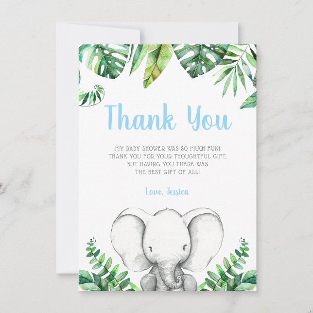 Carte De Remerciements Baby shower de garçon d'éléphant de jungle (Devant)