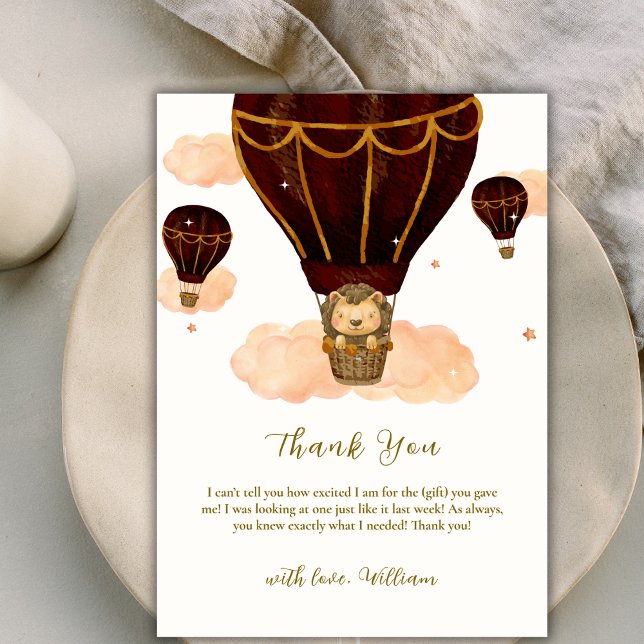 Carte De Remerciements Baby shower de garçon Lion Jungle Lion de Hot Air  (Hot Air Balloon Jungle Lion Boy Baby Shower Thank You Card)