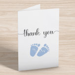 Carte De Remerciements Baby shower de garçon simple Blue Feet<br><div class="desc">Carte de remerciements simple mignonne bébé garçon avec "merci" dans un script élégant avec des swashes et une aquarelle bleue des pieds bébé. À l'intérieur,  vous pouvez facilement personnaliser votre message de remerciement (ou laisser vide pour une note manuscrite) et ajouter vos noms dans un script signature.</div>