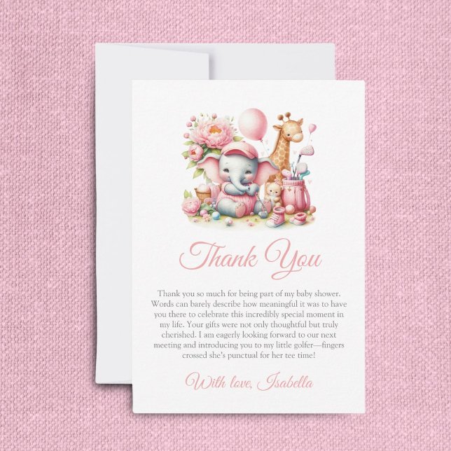 Carte De Remerciements Baby shower de golf Pink Baby Girl Elephant & Gira (This sweet thank you card can be personalized to your message!)