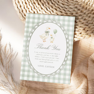 Carte De Remerciements Baby-Shower de la Silly Goose à carreaux vert saug