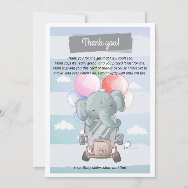 Carte De Remerciements baby shower de l'éléphant au volant (Devant)