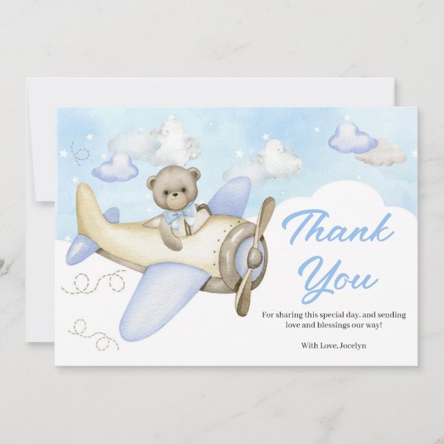 Carte De Remerciements Baby shower de l'Ours bleu Teddy de l'avion (Devant)