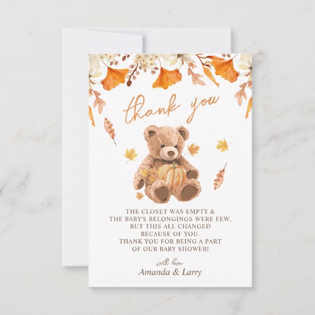 Carte De Remerciements Baby shower de l'ours en peluche d'automne (Devant)