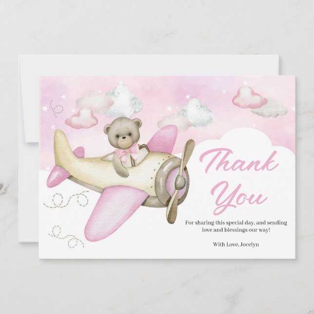 Carte De Remerciements Baby shower de l'ours rose en tourbe de l'avion (Devant)