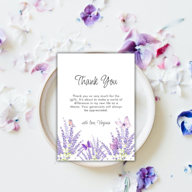 Carte De Remerciements Baby shower de papillon floral de lavande Whimsica (Whimsical Lavender Floral Butterfly Baby Shower Thank You Card)