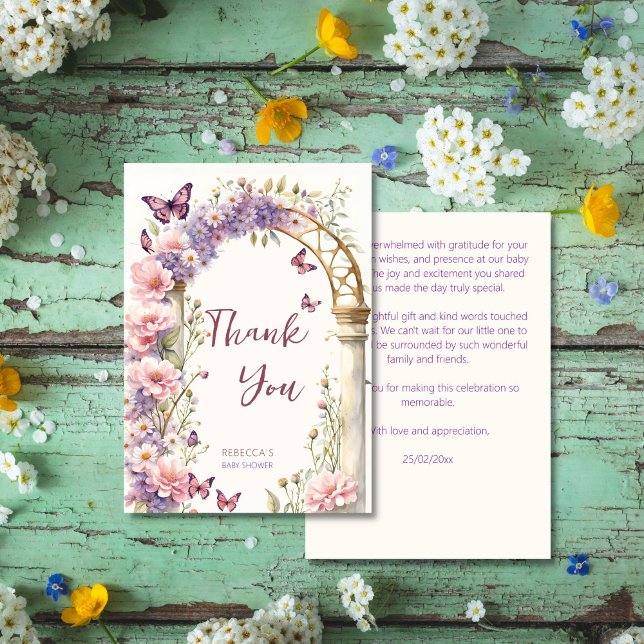 Carte De Remerciements Baby shower de papillons pastel de jardin enchanté (Enchanted garden pastel butterflies baby shower thank you card vintage floral arch watercolor)