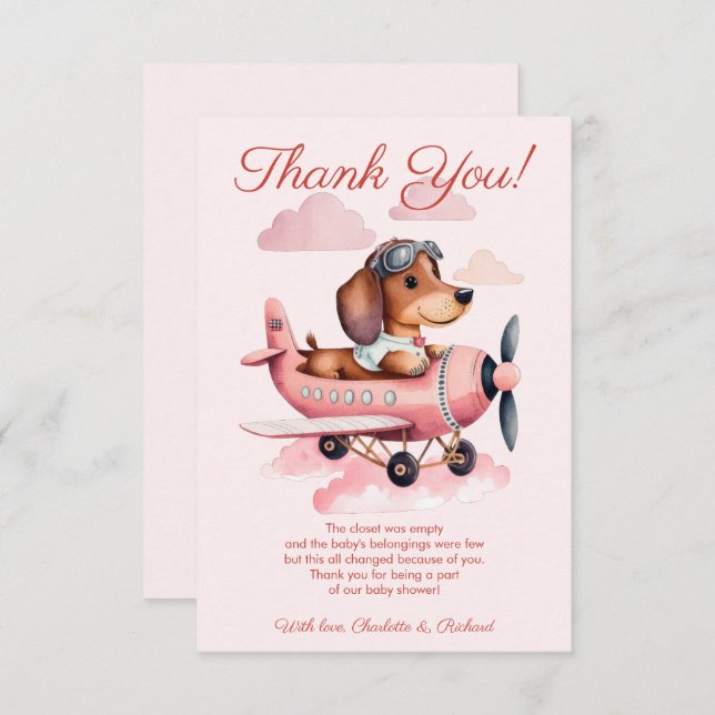 Carte De Remerciements Baby shower de plan Dachshund rose (Devant / Derrière)
