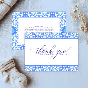 Carte De Remerciements Baby shower de script minimaliste en carreaux bleu