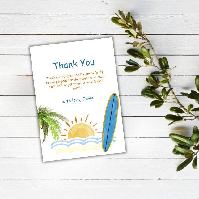 Carte De Remerciements Baby shower de surf tropical Sunshine unique (Unique Sunshine Tropical Surfing Baby Shower Thank You Card)