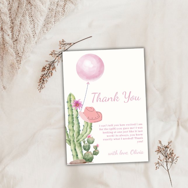 Carte De Remerciements Baby shower de torchonnière Pinky Flower Cactus (Pinky Flower Cactus Balloon Cowgirl Baby Shower Thank You Card)