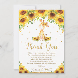 Carte De Remerciements Baby shower de tournesol Giraffe