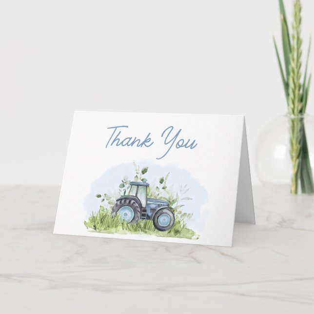 Carte De Remerciements Baby shower de tracteur bleu (Devant)