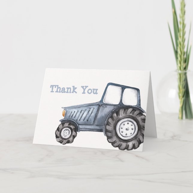 Carte De Remerciements Baby shower de tracteur d'aquarelle Blue Boho Boy (Devant)