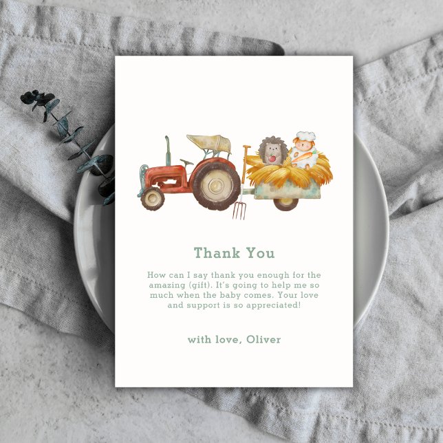 Carte De Remerciements Baby shower de tracteur de ferme de hérisson blanc (Cute Whimsical Hedgehog Farm Tractor Baby Shower Thank You Card)