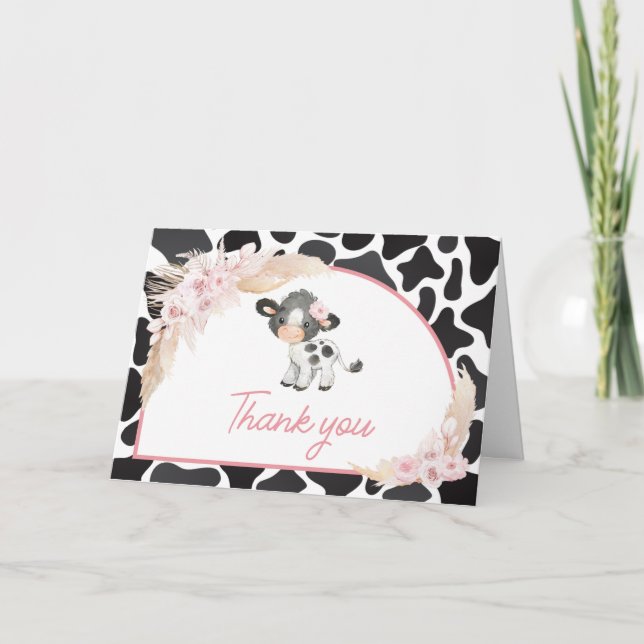 Carte De Remerciements Baby shower de vache rose Boho Highland (Devant)