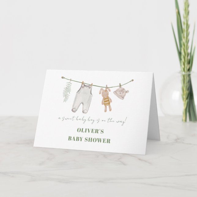Carte De Remerciements Baby shower de vêtements pour garçon Boho vert mig (Devant)