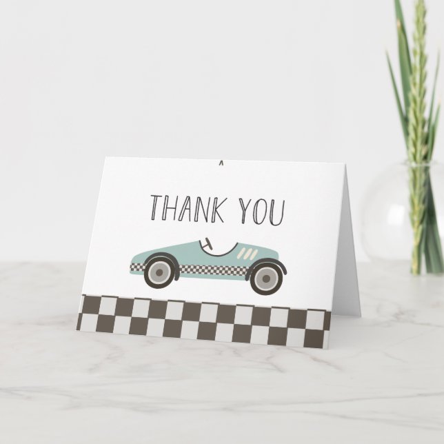 Carte De Remerciements baby shower de voiture de course bleu (Devant)