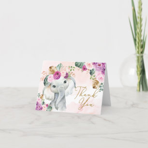 Carte De Remerciements Baby shower d'éléphant à violet rose tropical Anni