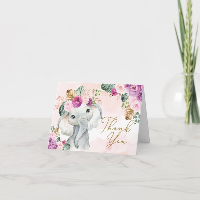 Carte De Remerciements Baby shower d'éléphant à violet rose tropical Anni (Devant)