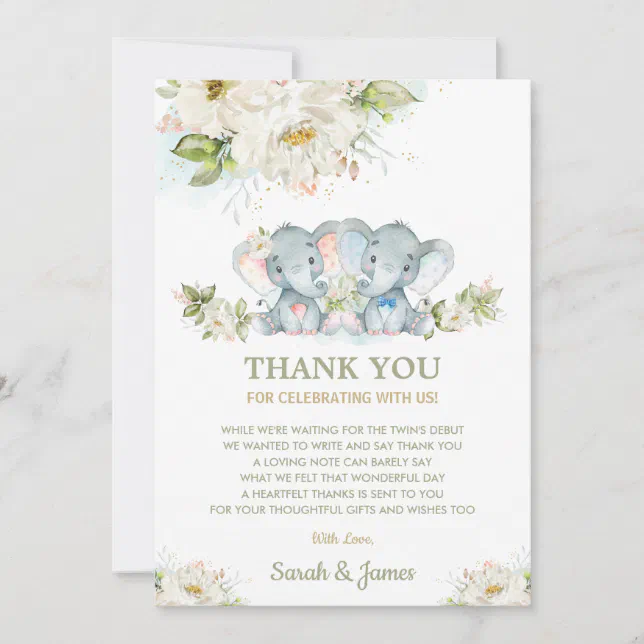 Carte De Remerciements Baby shower d'éléphant des jumeaux floraux d