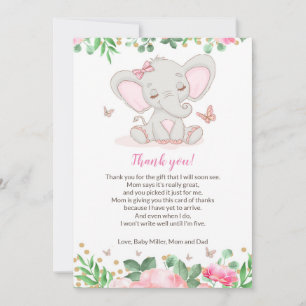 Carte de remerciements Baby shower d'éléphant rose