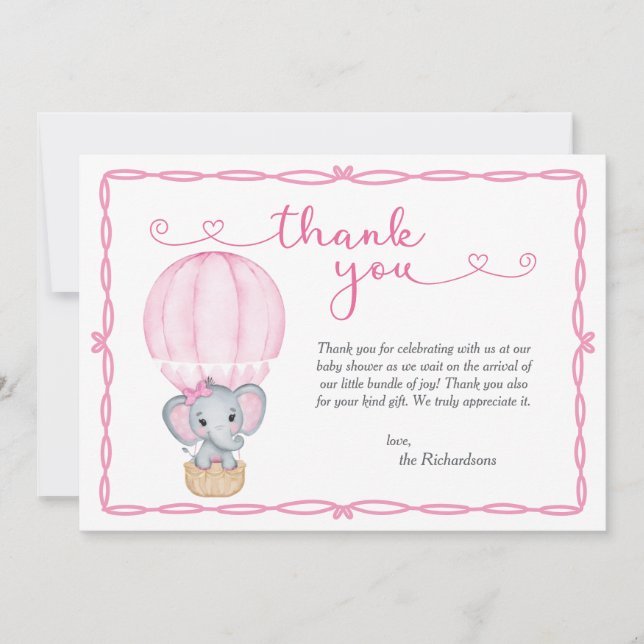 Carte De Remerciements Baby shower d'éléphant rose (Devant)