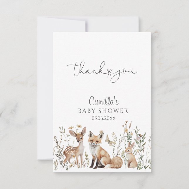 Carte De Remerciements Baby shower des animaux forestiers (Devant)