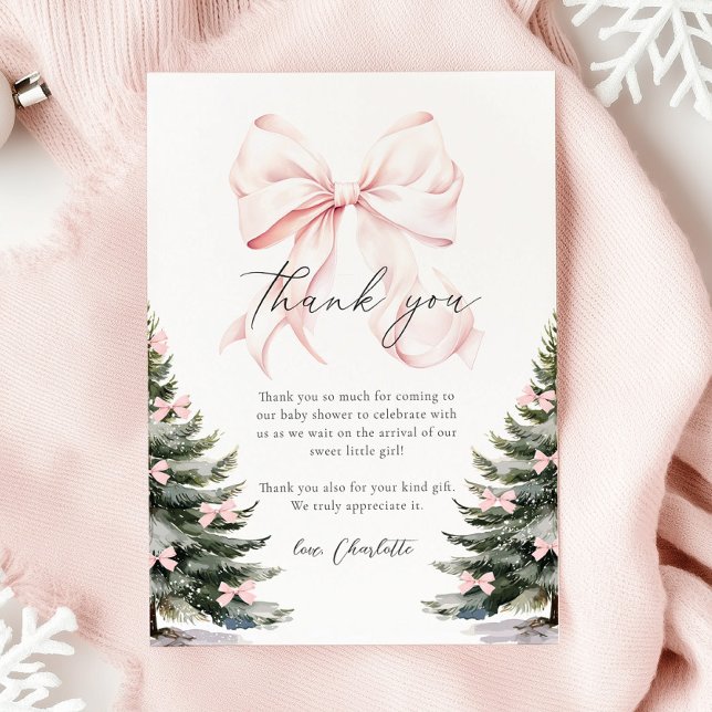 Carte De Remerciements Baby shower des arbres d'hiver de la Bow rose (Créateur téléchargé)