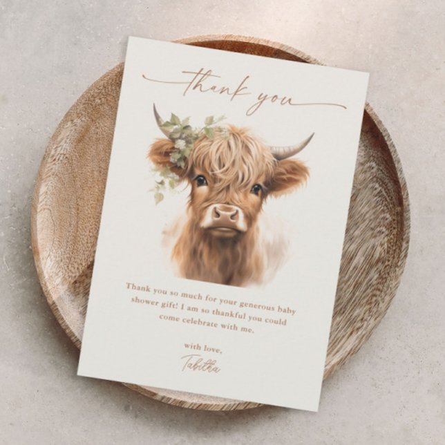 Carte De Remerciements Baby shower des couples neutres de vache de Boho H (Boho highland cow baby shower thank you card.)