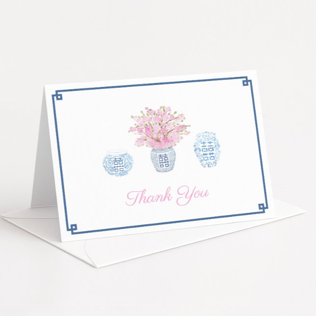 Carte De Remerciements Baby shower Des Jarres À Gingembre Rose Et Bleu De (Dark blue and white watercolor ginger jar vase filled with pink sakura cherry blossom flowers)