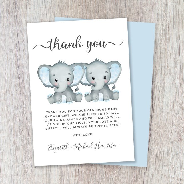 Carte De Remerciements Baby shower des Jumeaux Eléphant (Créateur téléchargé)