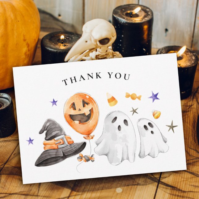 Carte De Remerciements Baby shower d'Halloween de Little Boo (Thank you guests for your Halloween themed baby shower or birthday featuring watercolor ghosts.)