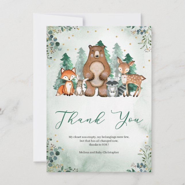 Carte De Remerciements Baby shower d'hiver des animaux des forêts de bois (Devant)