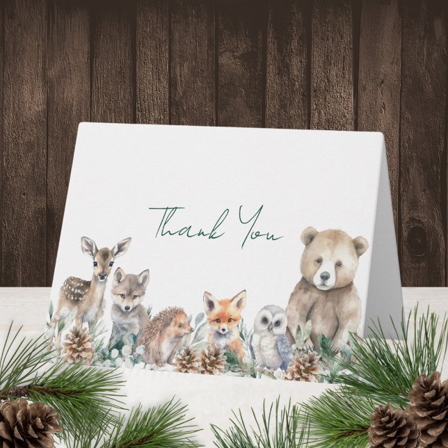 Carte De Remerciements Baby shower d'hiver des animaux rustiques en bois (This cute woodland animals baby shower thank you card features winter greenery.)