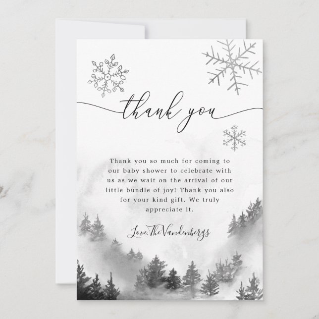 Carte De Remerciements Baby shower d'hiver des flocons de neige gris (Devant)