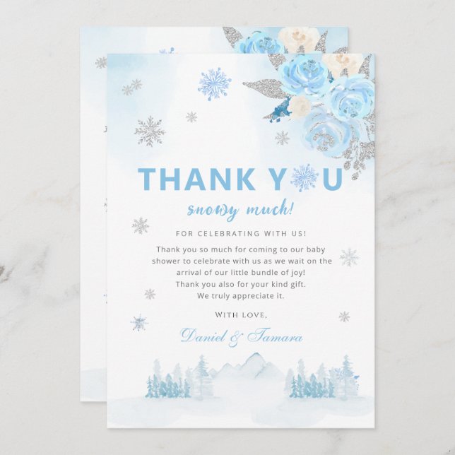 Carte De Remerciements Baby shower d'hiver moderne Boho Blue Snowflakes (Devant / Derrière)