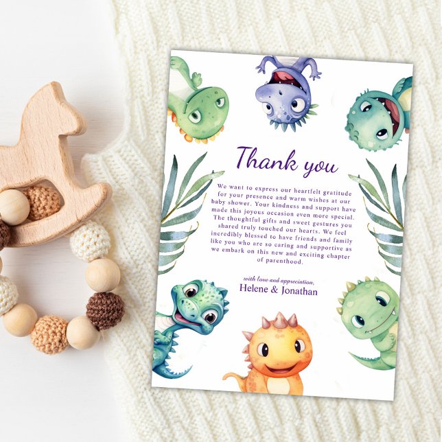 Carte De Remerciements Baby shower Dinosaure Aquarelle Cute (Cute Watercolor Dinosaur Baby Shower Thank You Card)