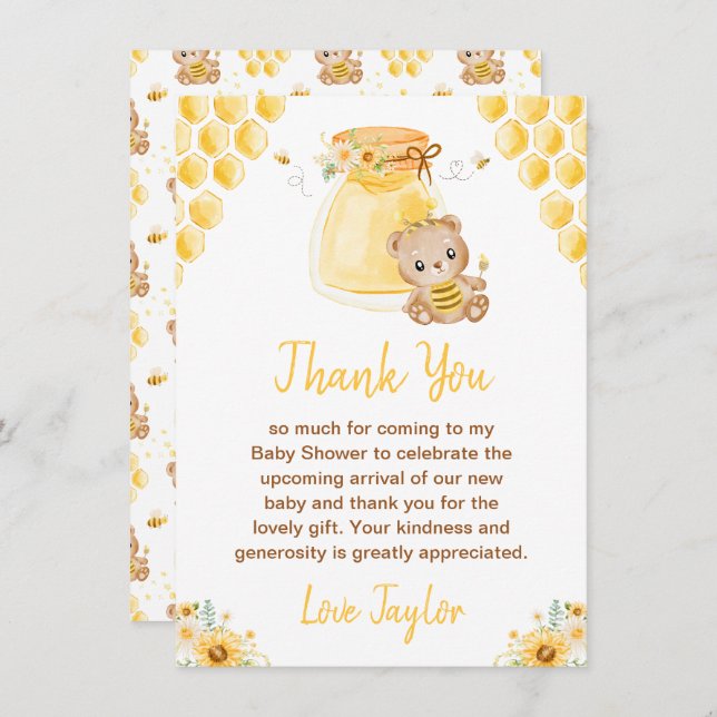 Carte De Remerciements Baby shower d'ours au miel (Devant / Derrière)