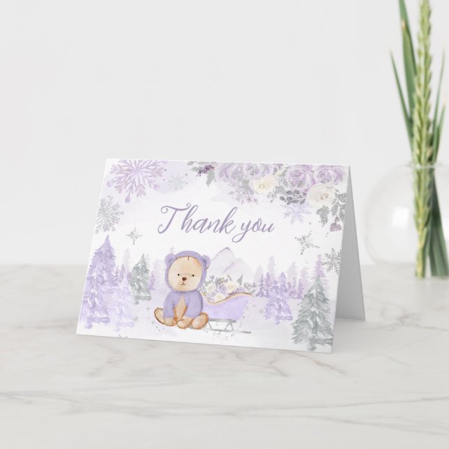 Carte De Remerciements Baby shower d'ours d'hiver violet (Devant)