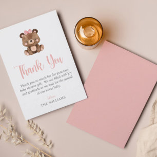 Carte De Remerciements Baby shower d'ours en bois rose