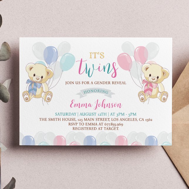 Carte De Remerciements Baby shower d'ours en peluche bleu rose (Créateur téléchargé)