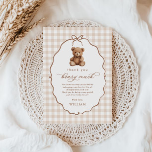 Carte De Remerciements Baby shower d'ours en peluche En vichy neutre