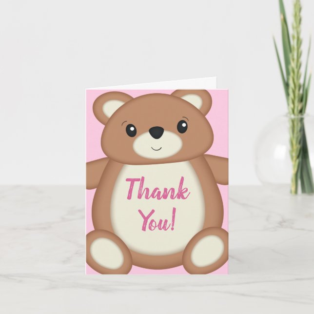 Carte De Remerciements Baby shower d'ours en peluche rose (Devant)