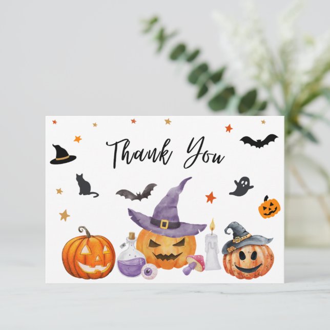 Carte De Remerciements Baby shower du Citrouille d'Halloween Little Boo (Debout devant)