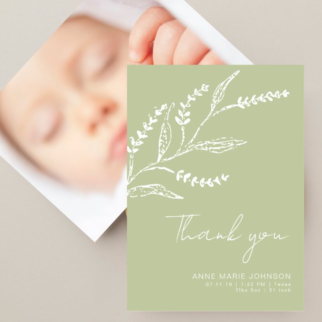Carte De Remerciements Baby Shower Élégant Dessiné à la Main Vert Sauge (Créateur téléchargé)