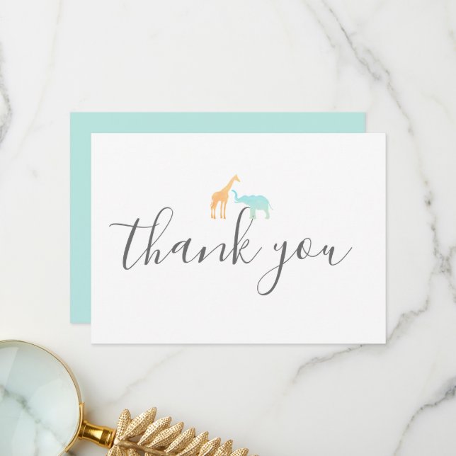 Carte De Remerciements Baby Shower élégant écriture moderne Girafe Élépha (Devant/Arrière en situation)
