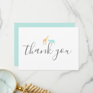 Carte De Remerciements Baby Shower élégant écriture moderne Girafe Élépha