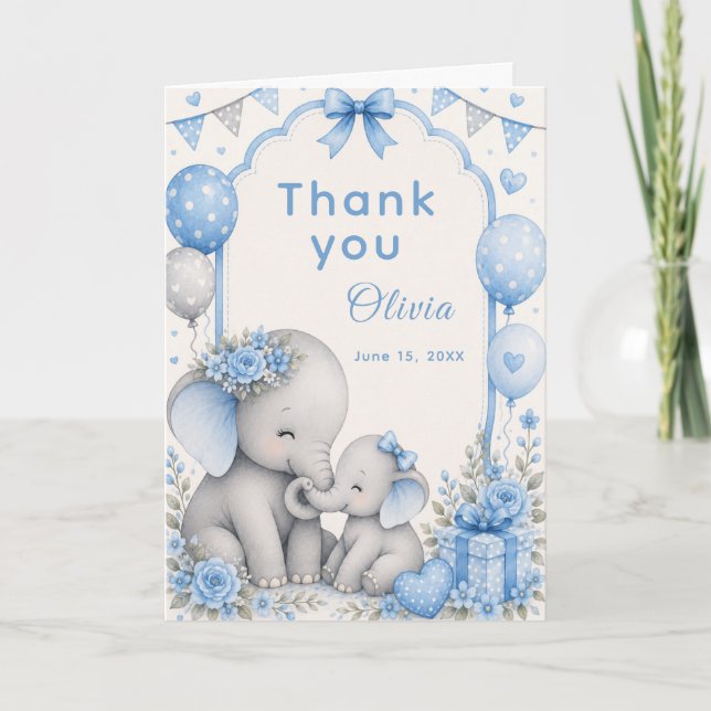 Carte De Remerciements Baby-Shower Éléphant Bleu (Devant)