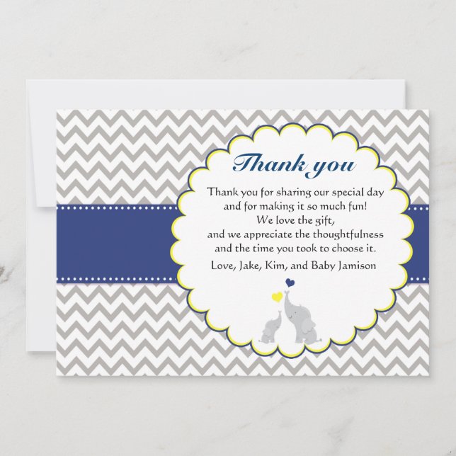 Carte de remerciements Baby shower Elephant Chevro (Devant)